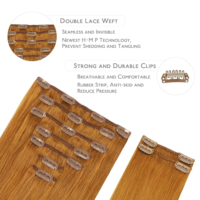 WENNALIFE Clip in Hair Extensions Real Human Hair, 16 Inch 150g 9pcs Human Hair Extensions Clip In, Auburn Ginger Hair Extensions Clip In Real Hair Coloured Remy Human Hair Extensions