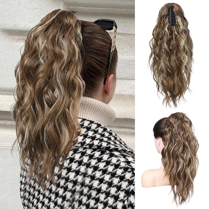 FLUFYMOOZ Ponytail Extension, 18 Inch Claw Clip Ponytail Extension, Wavy Curly Claw Clip in Ponytail Hair Extensions, Natural Fake Ponytail Synthetic Hairpiece for Women (Cool Brown with Blonde Highlights)