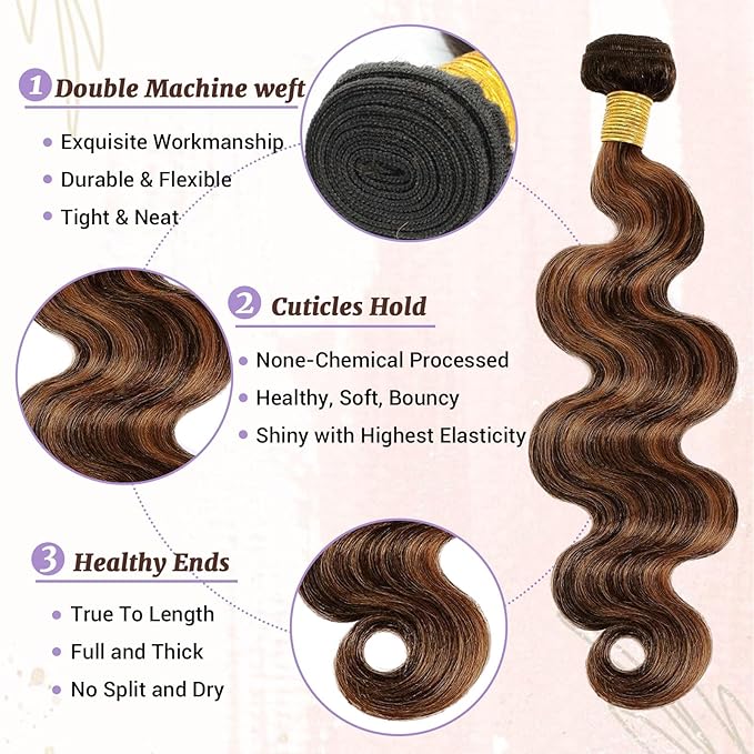P1B/30 Body Wave Human Hair Bundels Highlight Brown Color Body Wave Bundle 100% Real Human Hair And True To Length 12 14 16 Inch 3 Pcs/Pack