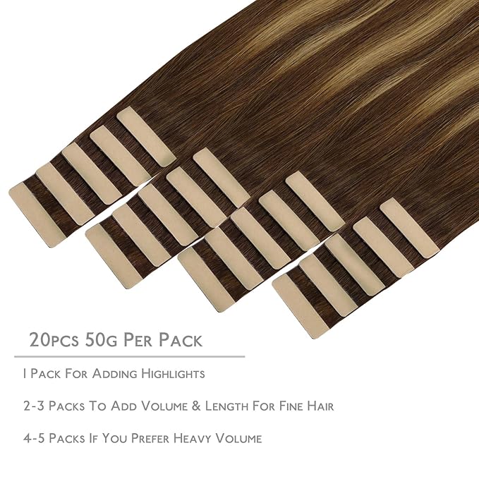 WENNALIFE Tape in Hair Extensions, 20pcs 20 Inch 50g Balayage Chocolate Brown to Caramel Blonde Remy Human Hair, Coloured Tape Extensions