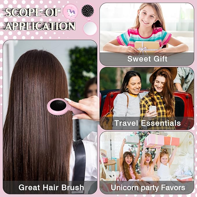 12 Pcs Unicorn Mini Detangler Brush, Folding Mirror Hair Brushes, Mini Travel Hair Brush, No Tangle Soft Flexible Bristles for Straight, Curly, Thick Hair for Party Gift