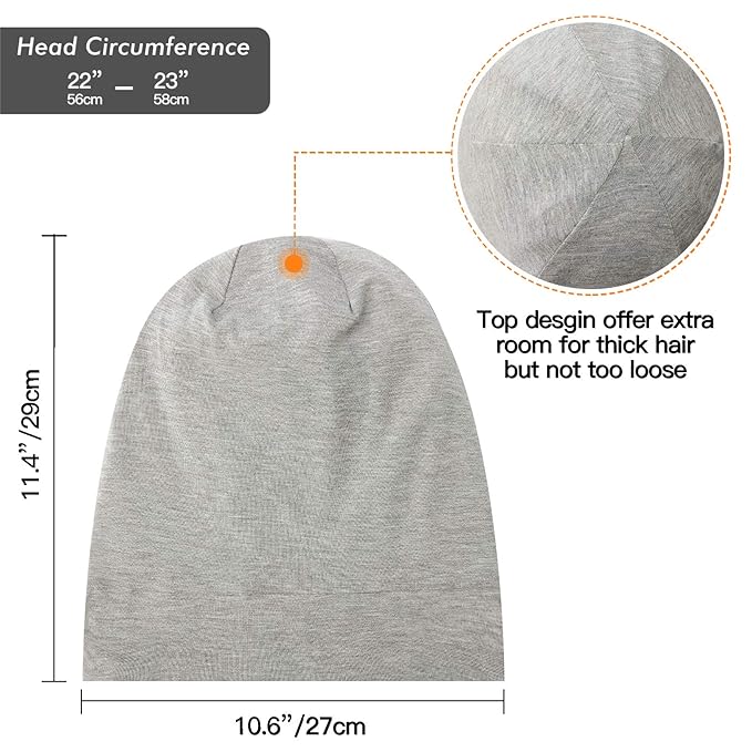 Silk Satin Lined Bonnet Sleep Cap - Adjustable Stay on All Night Hair Wrap Cover Slouchy Beanie for Curly Hair Protection for Women and Men - Solid Light Grey