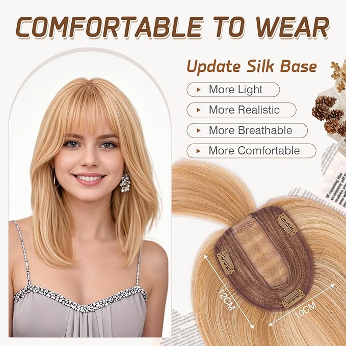 Rich Choices Real Human Hair Toppers for Women With Bang 100% Remy Human Hair Topper for Thinning Hair Clip in Silk Base Hair Topper 16 Inch #12P613 Golden Brown Mix Bleach Blonde