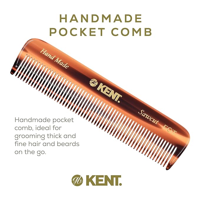 Kent A FOT Handmade Tortoiseshell All Fine Tooth Pocket Comb for Men, Hair Comb Straightener for Everyday Grooming Styling Hair, Mustache Beard, Saw Cut and Hand Polished, Made in England
