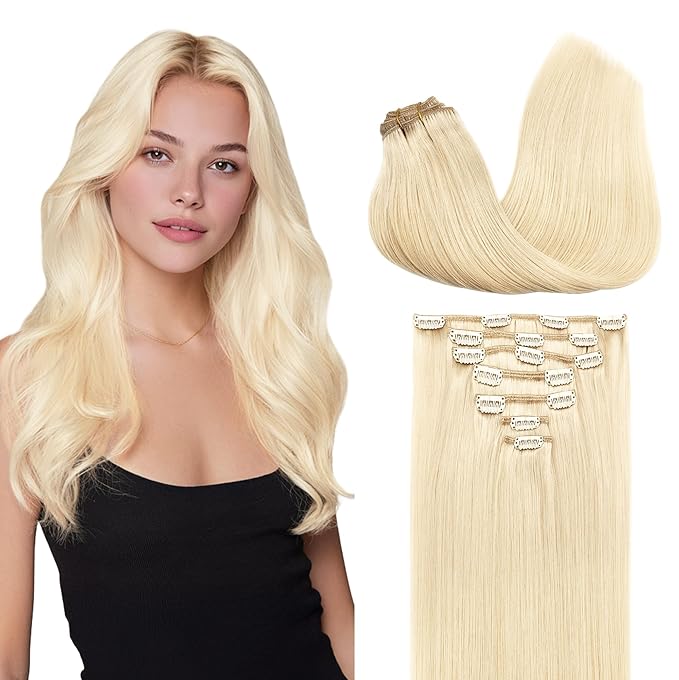 GOO GOO Clip in Hair Extensions Real Human Hair, Remy Human Hair Extensions Clip ins for Women, Natural Human Hair, 16inch 120g 7Pcs, 613R Bleach Blonde