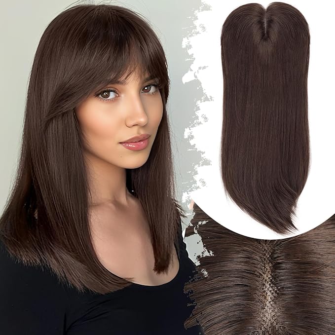 Hair Topper for Women Clip in Bangs – 18 Inch Medium Length Straight 360° Full Coverage Dark Brown,Synthetic Natural Looking Piece for Thinning Hair