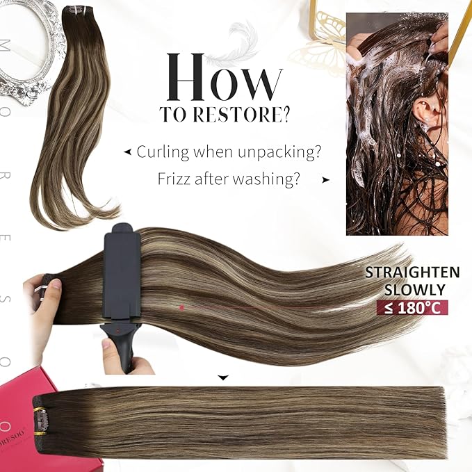 Moresoo Human Hair Clip in Extensions Balayage Dark Brown to Caramel Blonde with Dark Brown Remy Hair Extensions Clip in Straight Full Head 120g/7pcs 18 inch