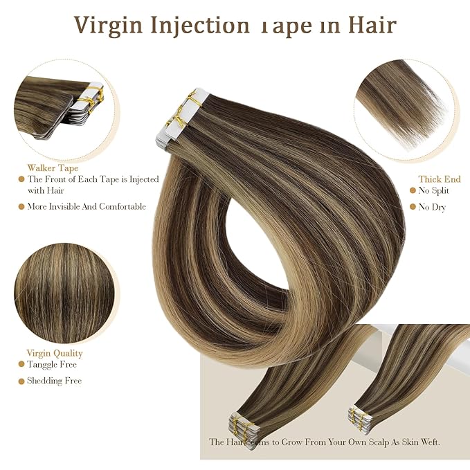 Full Shine Injection Tape in Extensions Real Human Hair 18 Inch Color BM Virgin Tape in Hair Extensions Seamless Skin Weft Invisible Human Hair Tapes in Extensions 12.5G 5Pcs for Women