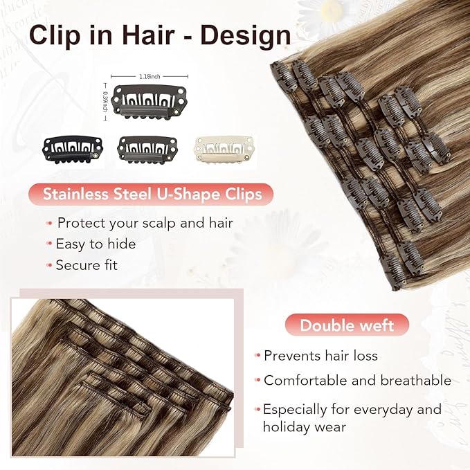 XDhair Human Hair Clip in Extensions 100g 16Inch Medium Brown Mix Caramel Blonde Remy Clip in Hair Extensions Double Weft Straight for Women (#4/27,16Inch)