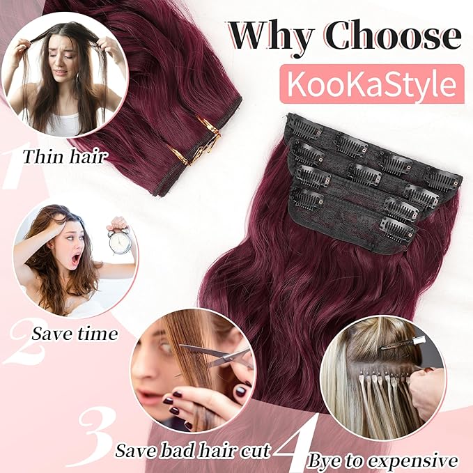 KooKaStyle Burgundy Clip in Hair Extensions for women Synthetic Heat Resistant 4PCS Thick Long Wavy Hairpieces 24 Inch