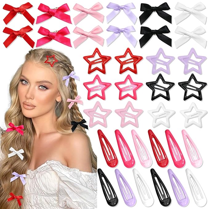 36Pcs Pink Mini Bow Hair Clips 6 Color Water Drop No Slip Hair Clips for Women White Star Snap Hair Barrettes Black Small Hair Bows Star Bowknot Hair Accessories for Girls