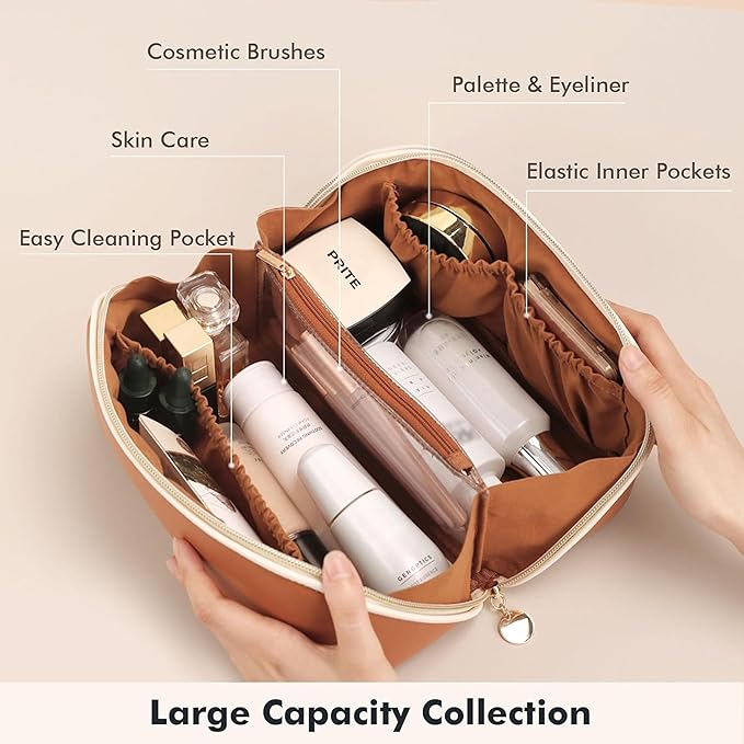 Prite Makeup Bag for Women Travel Waterproof Vegan Leather Cosmetic Bag Open Flat Toiletry Bag With Clear Divider and Handle