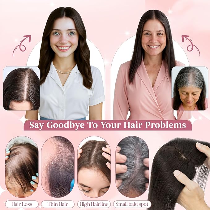Real Human Hair Toppers for Women 3.54"*4.72" Silky Base 150% Density No Bangs Adjustable Parting Clip-In Topper Hairpieces for Women with Thinning Hair 10 Inches Natural Black