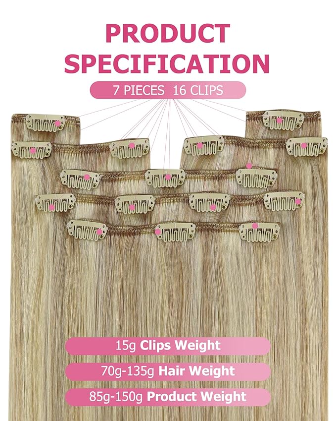 YoungSee 150G Blonde Clip in Hair Extensions Human Hair Highlight Clip in Hair Extensions Light Blonde Highlighted Golden Blond Clip ins Extensions Real Human Hair 22Inch 7Pcs