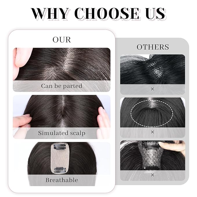 VERNA Hair Toppers for Women Real Human Hair 360°3D Cover Clip in Bangs,100% Real Human Hair Dark Brown Hair pieces Clip on Bangs for Daily Wear(5 * 9.5)