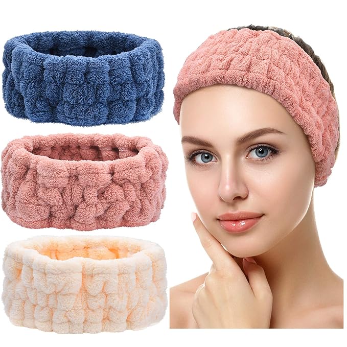 Chuangdi 3 Pieces Spa Headband for Women Facial Makeup Headband Soft Terry Cloth Hairband for Washing Face Mask Spa Shower Gifts(Dark Pink, Dark Blue, Milky-White)