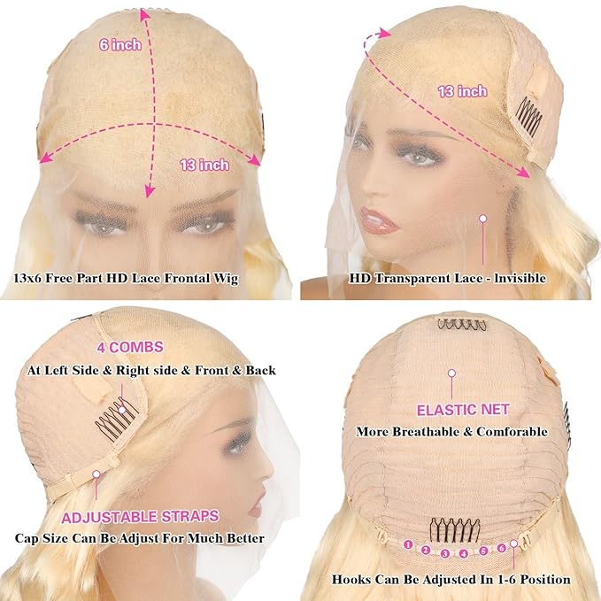 613 Lace Front Wig Human Hair 200 Density Full & Thick 13x6 HD Transparent Lace Body Wave 613 HD Lace Frontal Wig Pre Plucked With Baby Hair Blonde Wigs for women 34 Inch