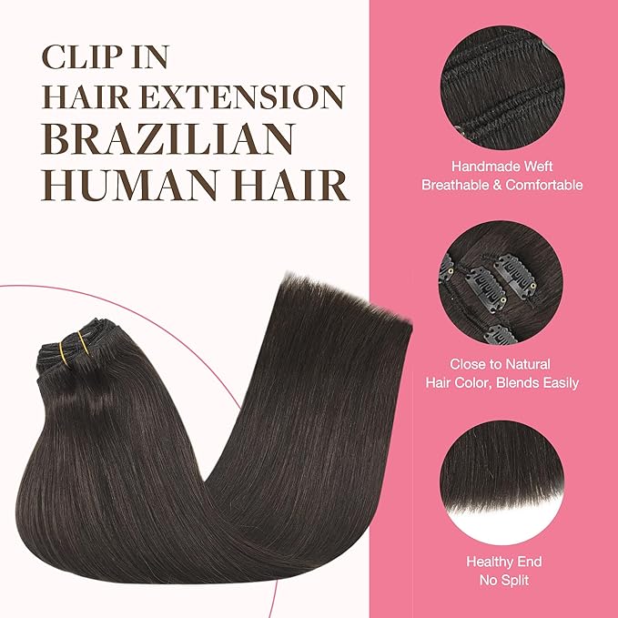 GOO GOO Clip in Hair Extensions Real Human Hair, Remy Human Hair Extensions Clip ins for Women, Natural Human Hair, 18inch 150g 9Pcs, 2 Dark Brown
