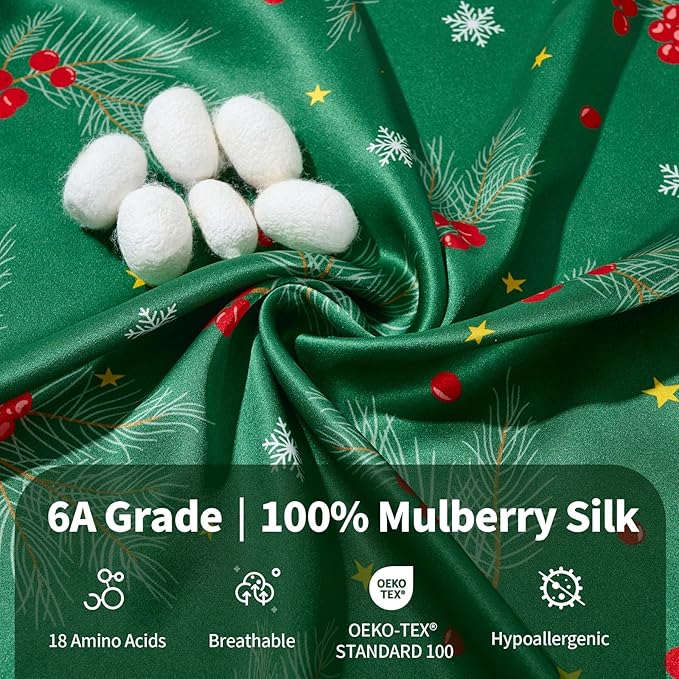 THXSILK Christmas Style 6A+ Grade Mulberry Silk Pillowcase for Hair and Skin, 22 Momme 100% Pure Silk Pillow Case with Hidden Zipper, Christmas Holly Printed Pillow Cover(King Size 20"x36", Green)