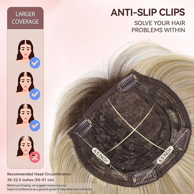LEEONS Hair Toppers for Women with Bangs Short Bob Synthetic Pieces for Thinning Hair Side Part (Blonde Mixed Light Blonde and Dark Brown Root)