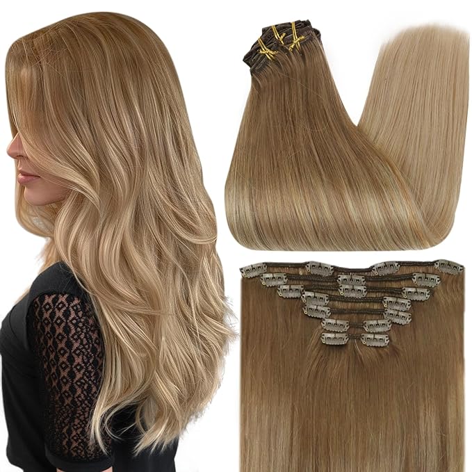 Full Shine Human Hair Extensions Clip ins 20 Inch Golden Brown Ombre Clip in Hair Extensions for Thin Hair for Party 7 Pcs 120 G