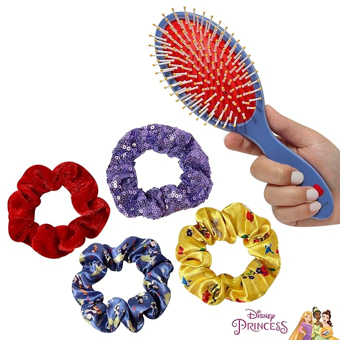 LUV HER Disney Princess Snow White Hair Accessory Set – 5 Pieces: 1 Detangling 9-inch Hairbrush & 4 Scrunchies, Elastic Hair Ties, Ages 3+