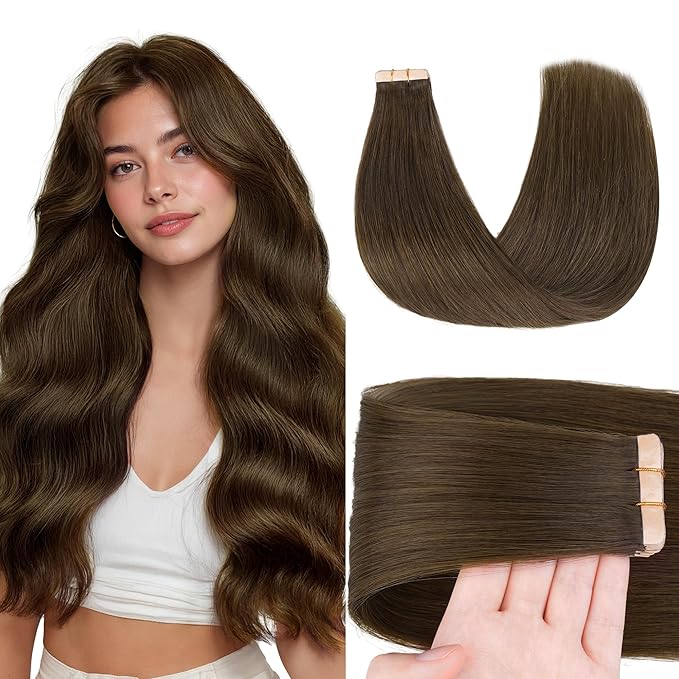 GOO GOO Tape in Hair Extensions Human Hair, #4H Light Chocolate Brown, 14inch 50g 20pcs, Skin Weft Seamless Invisible, Silky Straight with Thick Ends, Remy Human Hair