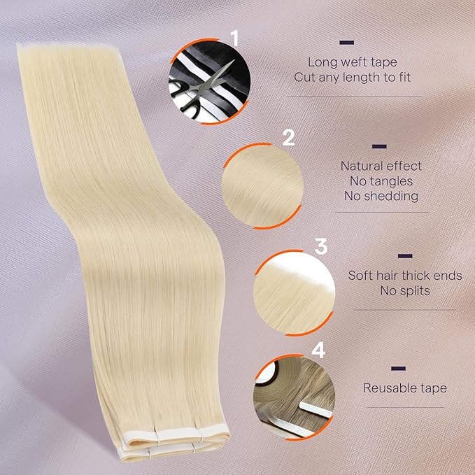 Full Shine Tape in Hair Extensions Real Human Hair for Women Color 60 Blonde PU Wide Tape in Extensions Long Genius Weft 22Inch 50G One Piece Remy Straight Hair Add Length for Daily Office Look