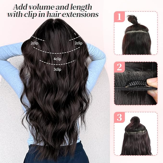 KooKaStyle Clip in Synthetic Hair Extensions Long Wavy 4PCS Thick HairpiecesBlack to Green Ombre Fiber Double Weft Natural Hair Extensions 24 Inch for Women