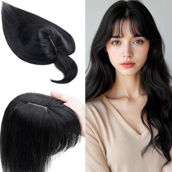 SEGO 100% Real Human Hair Toppers, with Air Bangs, Silk Base 150% Density, Clip in Topper, 2.7肺5.1・ HairPieces for Women, with Thinning/Hair Loss Cover Gray