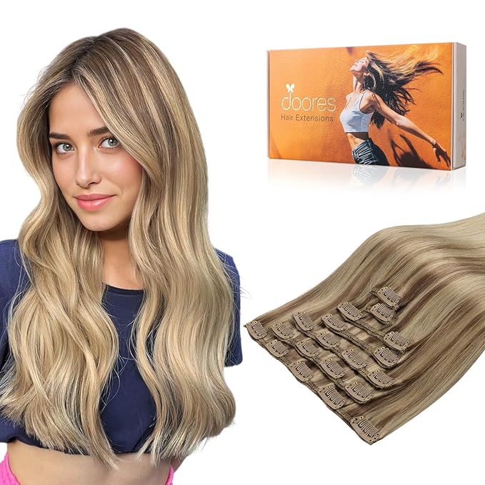 DOORES Hair Extensions Clip in Human Hair, Balayage Medium Copper to Sandy Blonde 18 Inch 120g 7pcs, Clip in Hair Extensions Remy Weft Natural Straight Weft for Women