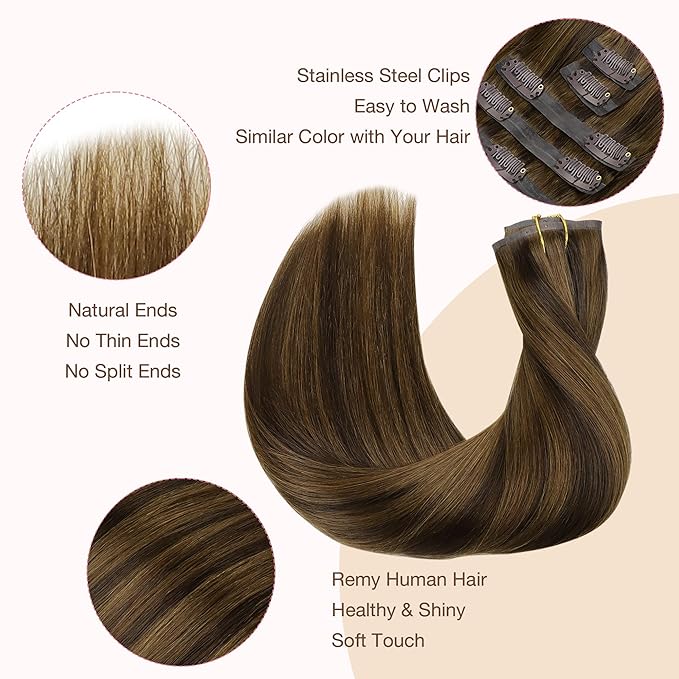 GOO GOO Clip in Hair Extensions Real Human Hair, Remy Human Hair Extensions Clip ins for Women, Natural Human Hair, 18inch 110g 7Pcs, 2C/4E/6C Brown Sugar Swirl Highlights