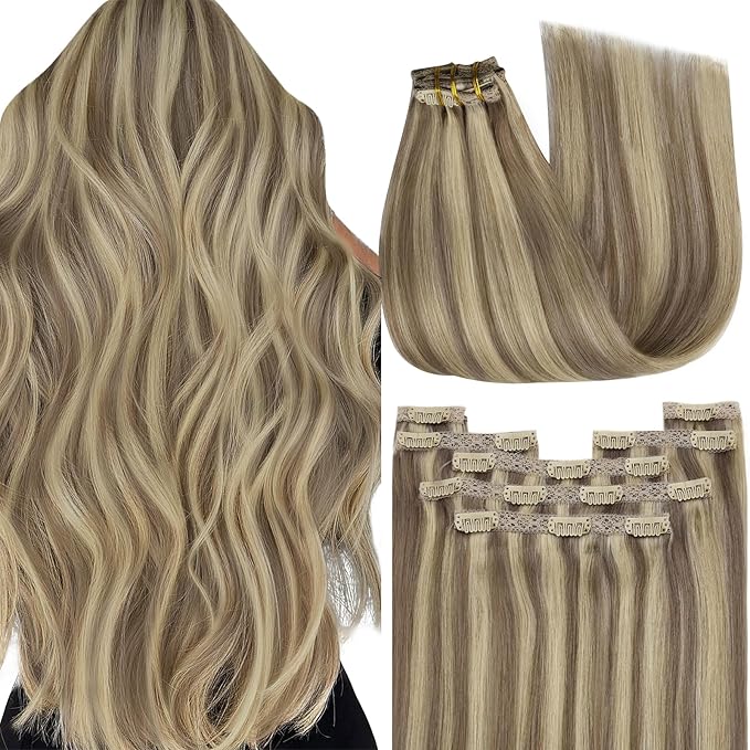 YoungSee Clip in Hair Extensions Highlight Human Hair Clip in Extensions Light Brown with Highlight Blonde Straight Hair Extensions Real Human Hair Clip ins for Short Hair 12Inch 7Pcs 85G