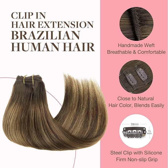 GOO GOO Clip in Hair Extensions Real Human Hair, Remy Human Hair Extensions Clip ins for Women, Natural Human Hair, 18inch 120g 7Pcs, 4D/14/5B Brunette Balayage