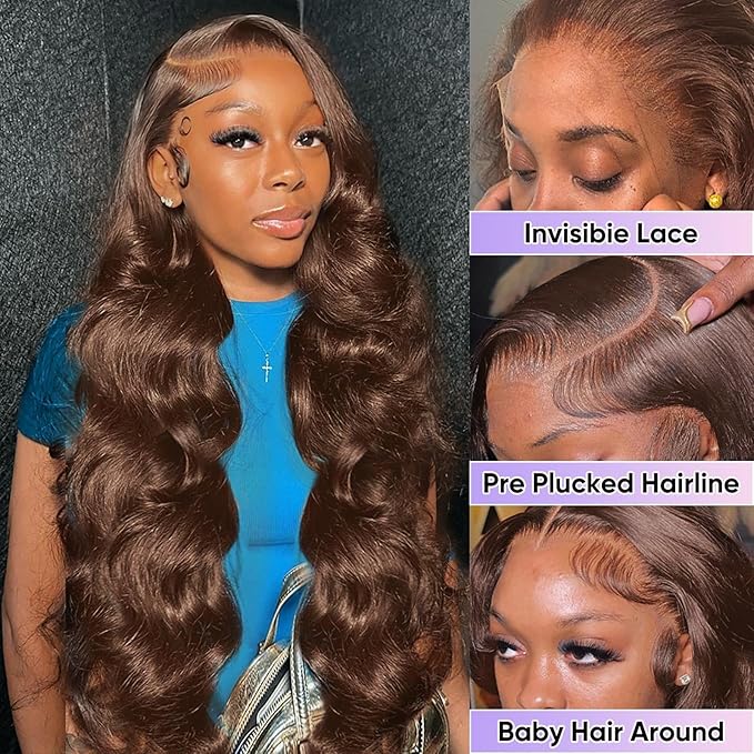 Chocolate Brown Lace Front Wig 200 Density 13x6 HD Body Wave Lace Front Wigs Human Hair Pre Plucked Colored Frontal Glueless Brown Human Hair Wig for Women with Baby Hair 24Inch
