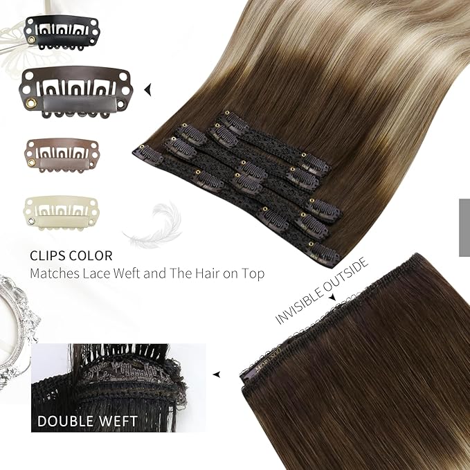 Moresoo Clip in Hair Extensions Remy Double Weft Human Hair Clip in Extensions Balayage Straight Hair Extensions for Women Ombre Brown to Light Brown with Blonde 5pcs 80g 12inch