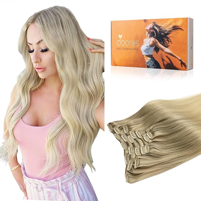 DOORES Human Hair Clip in Extensions, Balayage Ash Blonde to Golden Blonde and Platinum Blonde 24 Inch 120g 7pcs, Clip in Extensions Human Hair Natural Extensions For Women Clip in Straight Thick Hair
