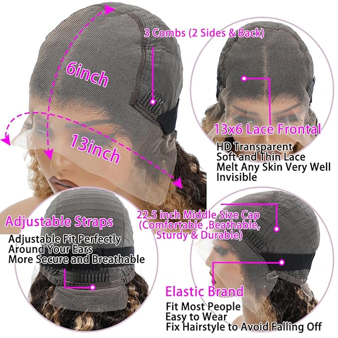 13x6 Highlight Lace Front Wig Human Hair 4/27 Ombre Deep Wave Lace Front Wigs Pre Plucked with Baby Hair 210% Density Highlight Curly Glueless Wigs 34 Inch