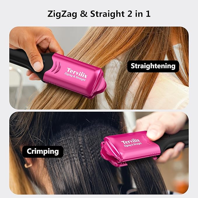 Terviiix Crimper Hair Iron with 4 Interchangeable Plates, Keratin & Argan Oil Infused Hair Crimper for Women, Volumizing Crimping Iron for Thin Fine Hair, 5 Heat Settings & 60 Mins Auto Off, Pink
