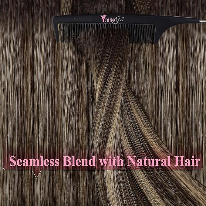 YoungSee Invisible Tape in Hair Extensions Brown Balayage Tape in Extensions Ombre Dark Brown to Blonde with Dark Brown Tape-on Hair Extension Human Hair Long 24In for Instant Length 20pcs 50g