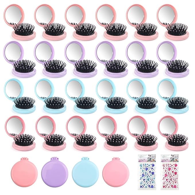 4 Colors Folding Mirror Hairbrush, 2 in 1 Compact Pocket Mirror Comb with DIY Stickers, Round Mini Pocket Makeup Mirror for Travel Women Girls (48 Pcs)