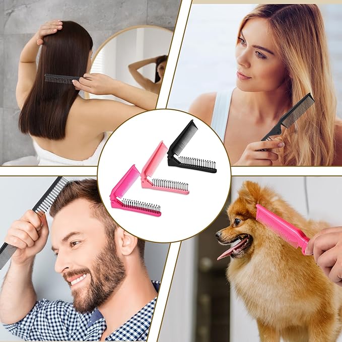 Folding Comb, 3 Pcs Travel Foldable Comb Protable Mini Hair Brush Anti-Static Double Headed Folding Hair Brush Hairdressing Tool for Women Men Long Short Thick Wavy Curly (Pink, Rose Red, Black)