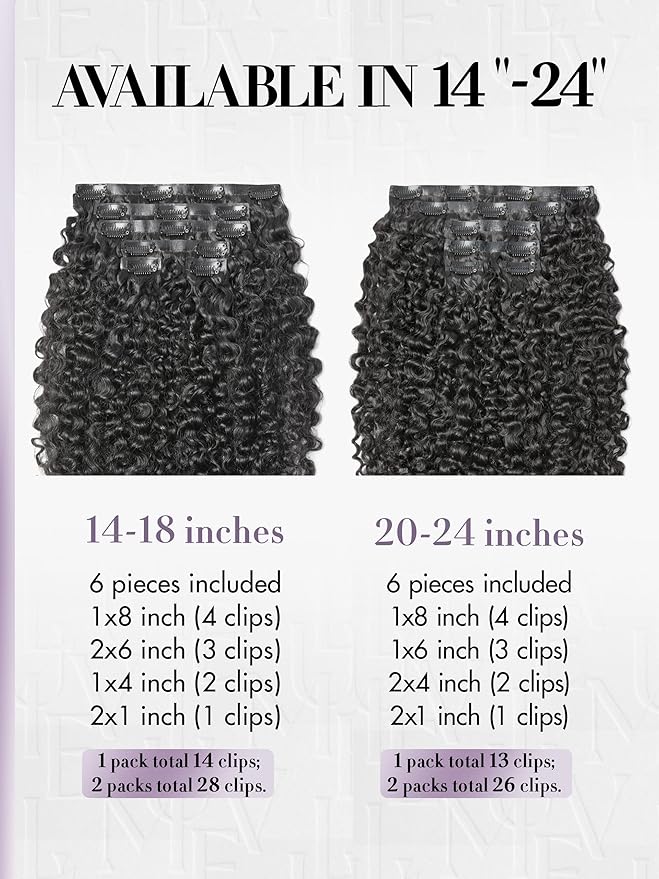 LUVME Invisible Clip in Hair Extensions 2 Pack Messy Curly Real Human Hair, Remy Hair Clip ins for Women, Natural Human Hair, 14 inch 220g 12Pcs, Natural Black