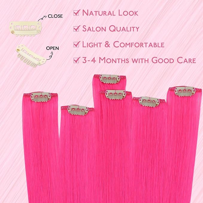 WENNALIFE Hot Pink Clip in Hair Extensions Real Human Hair 35g 6pcs 14 Inch Colored Hair Extensions for Kids Women Colorful Hair Pieces Pop-up Style Straight Extensiones De Cabello Humano Con Clip