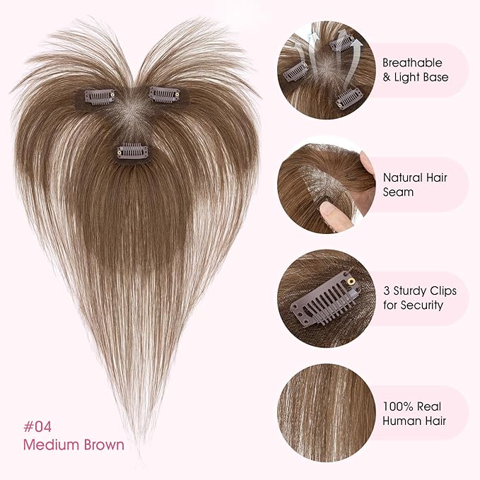 Hairro Human Hair Toppers with Wispy Bangs, 3D 360° Seamless Real Hair Toppers, Hand-Tied with 3.5"x4.7" T-shaped Base, Clip-In Hairpieces to Add Volume on Top, 11 Inch Medium Brown