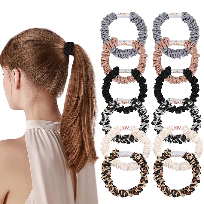 Hair Ties Silk Satin Scrunchies - Small Mini Scrunchy for Women Thick Hair Accessories Cute Soft No Slip Hair Elastics Ponytail Holder for Curly Hair No Damage Hairties Gift for Girls