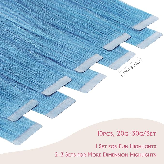 WENNALIFE Tape in Hair Extensions Human Hair SkyBlue Tape in Extensions, 10pcs 25g 14 inch Remy Invisible Tape Ins Straight Colored Soft Real Human Hair Tape in Extensions Refill Set Extensions