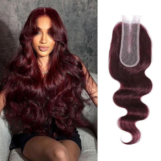 2x6 HD Lace Closure Human Hair Body Wave 99J Burgundy Dark Red Wine Color Transparent Lace Closure 2x6 Long Deep Middle Part 100% Raw Virgin Human Hair 12 Inch 150% Density
