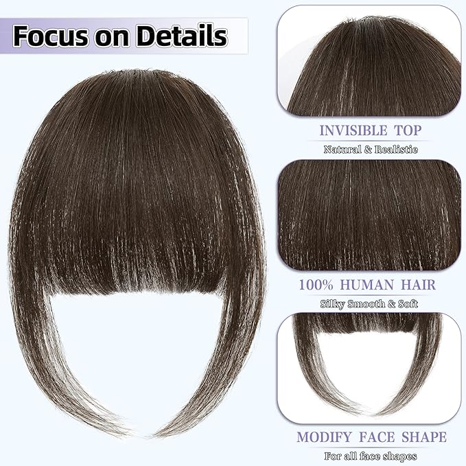 Wispy Bangs Hair Clip, 100% Human Hair Clip In Dark Brown Bangs for Women, Soft Layered Fake Bangs with Feathered Fringe, Easy Clip-On Design for Daily Wear & Halloween
