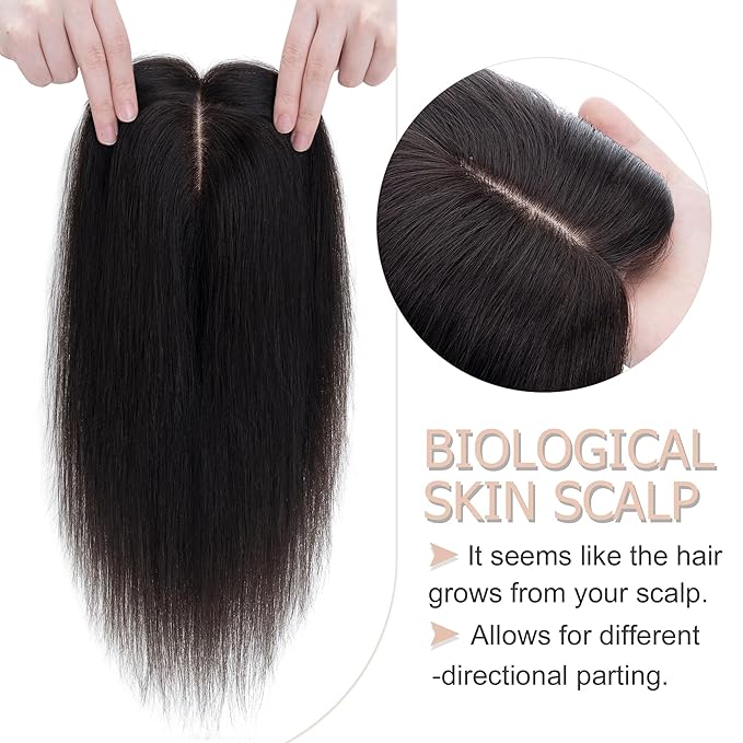 Hair Toppers for Women Real Human Hair No Bangs, 13 * 15 cm Larger Silk Base 150% Density Clip In Topper Hairpieces, Wiglet Top Pieces Add Volume -10 Inch 01B Natural Black
